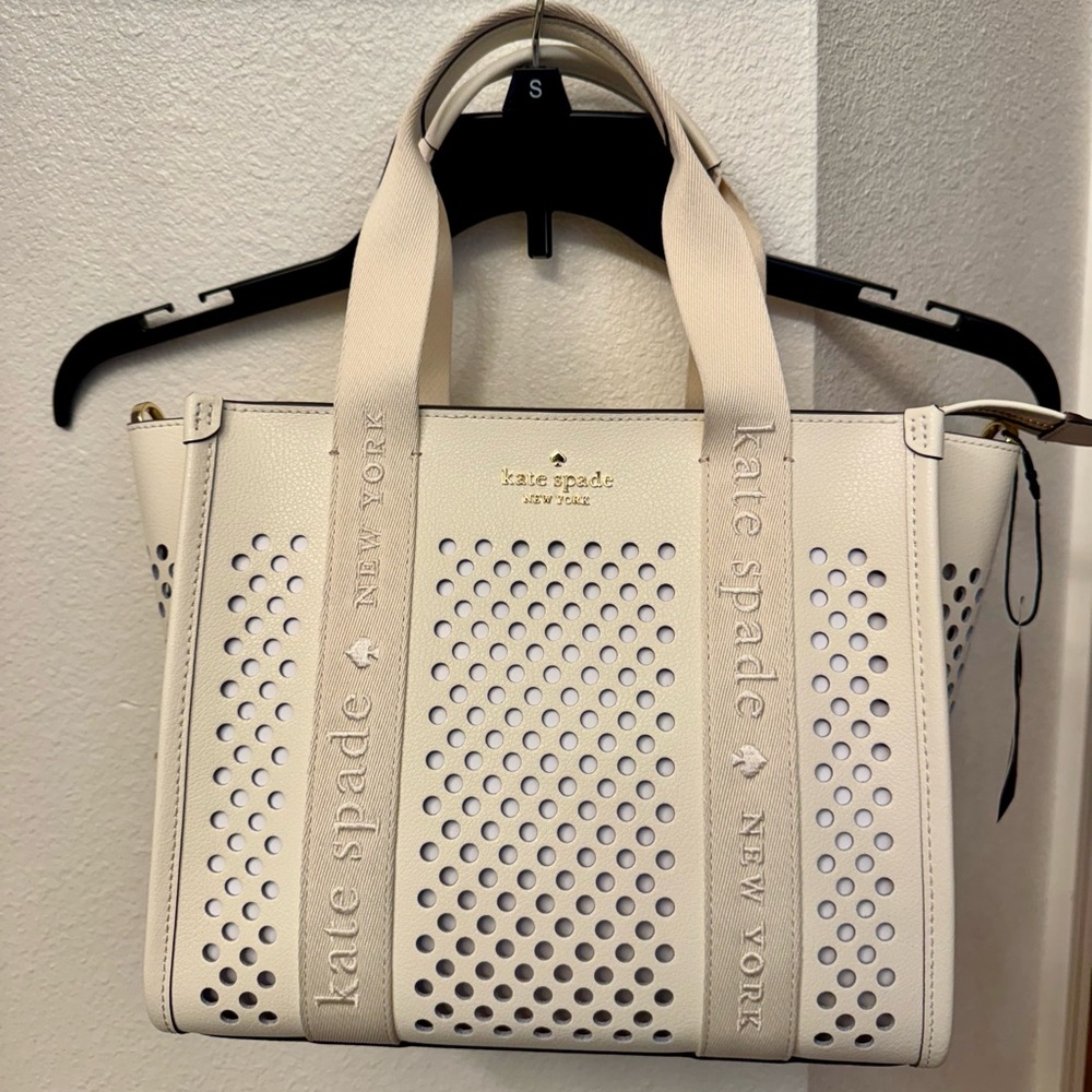 Kate Spade Kip Perforated Leather Small Tote in Meringue